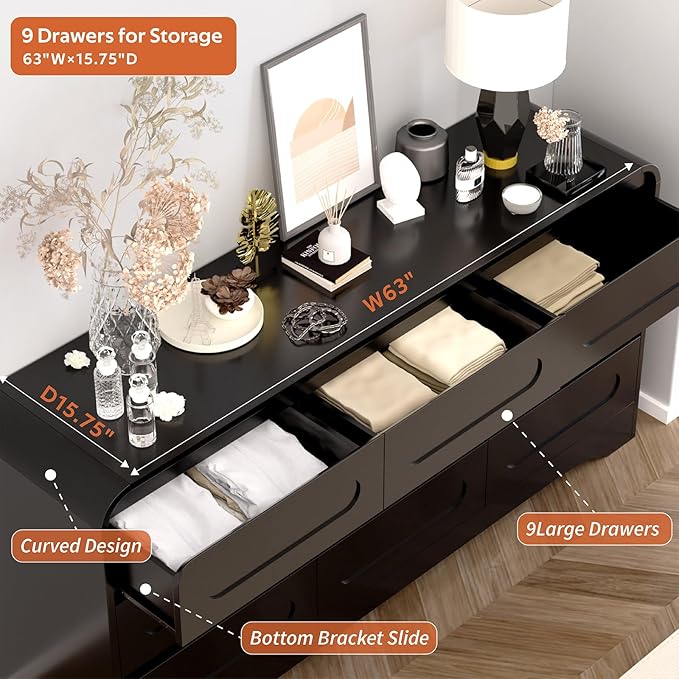 4 Piece Bedroom Set, Dresser and Nightstand Sets, Modern Wooden Large 9 Drawers