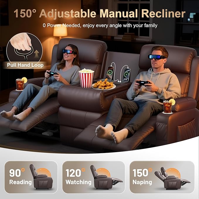 3-Seater Loveseat Recliner Sofa, RV Wall Hugger Home Theater Seating Reclining