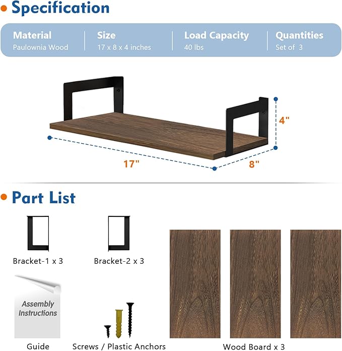 Harwaya Floating Book Shelves for Wall Set of 3, 17 x 8 Inch Deep Wooden Wall
