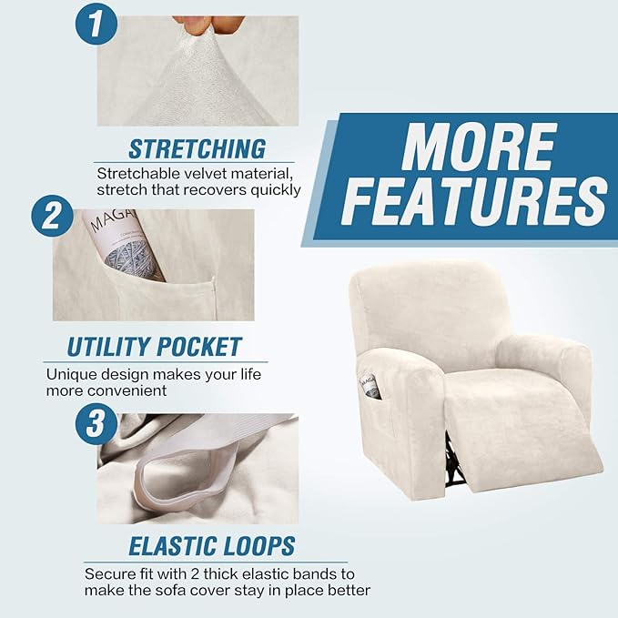 H.VERSAILTEX Velvet Stretch Recliner Couch Covers 4-Pieces Style Recliner Chair