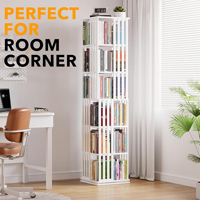 SpaceAid 6 Tier Rotating Bookshelf Tower, Bamboo Spinning Book Shelf, Revolving