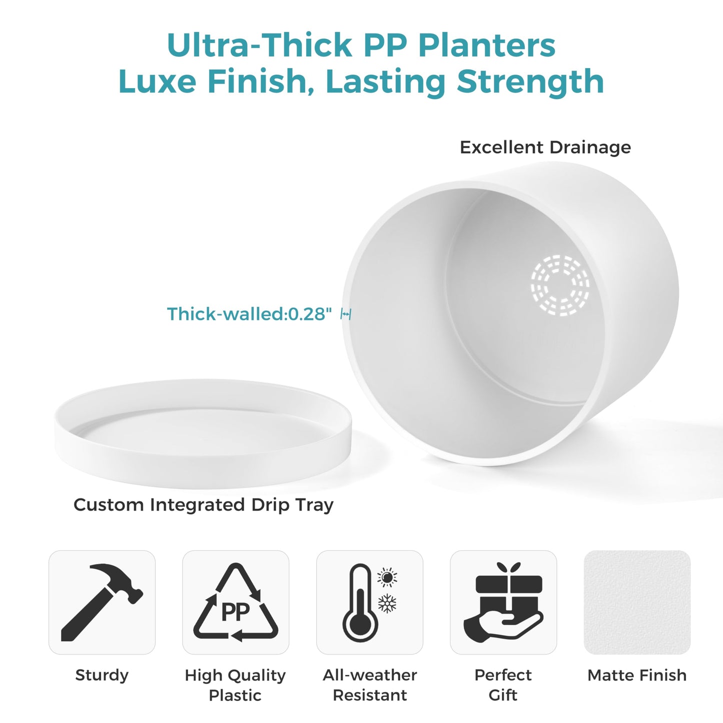 FaithLand 10-Inch Modern Cylinder Planter, Thick-Walled Plastic Plant Pot with Drainage Holes and Detachable Saucer, Matte White, Ideal for Indoor & Outdoor Plants Flowers