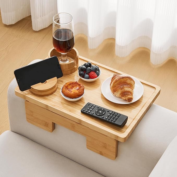 GEHE Real Bamboo Couch Armrest Table, 15.4"x9.8" Couch Arm Tray Table, 3 in 1