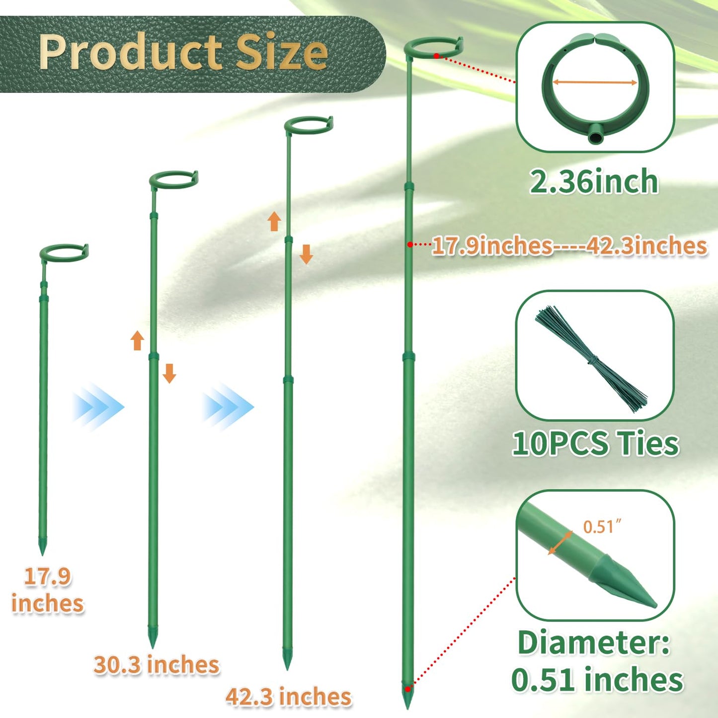 Telescoping Plant Stakes,5Pcs 17.9In to 42.3In Adjustable Monstera Plant Support Orchid Sticks with Clips, Plant Sticks Support Tall for Monstera,Orchids,Tomatoes,Vines & Indoor Outdoor Plants