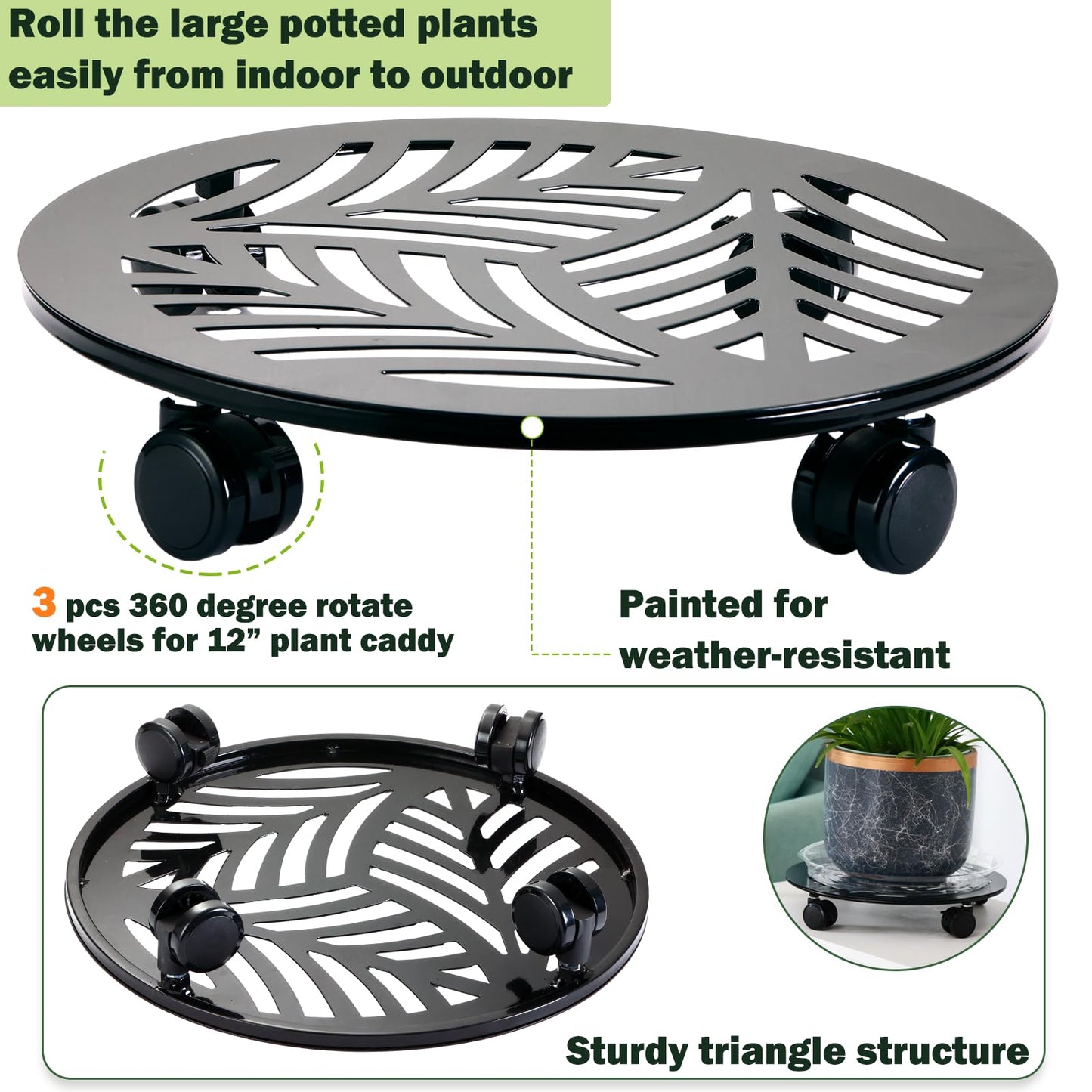 3 Packs 13 inches Large Metal Plant Caddy with PU Wheels Heav-duty Rolling Plant Stands Indoor Outdoor Wheeled Plant Dolly Coasters Flower Pot Mover Rollers Plant Trolley Cart, Plant Saucers Included