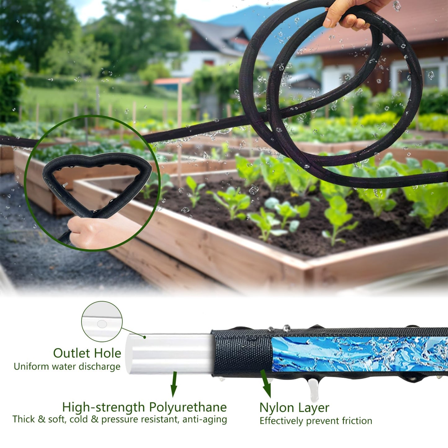 Soaker Hose 50FT, Heavy Duty Double Layer Design Flat Garden Soaker Hose, Saves 80% Water & Leak-free Design Water Hose with Holes For Garden, Lawn, Flower Bed, Vegetable Field