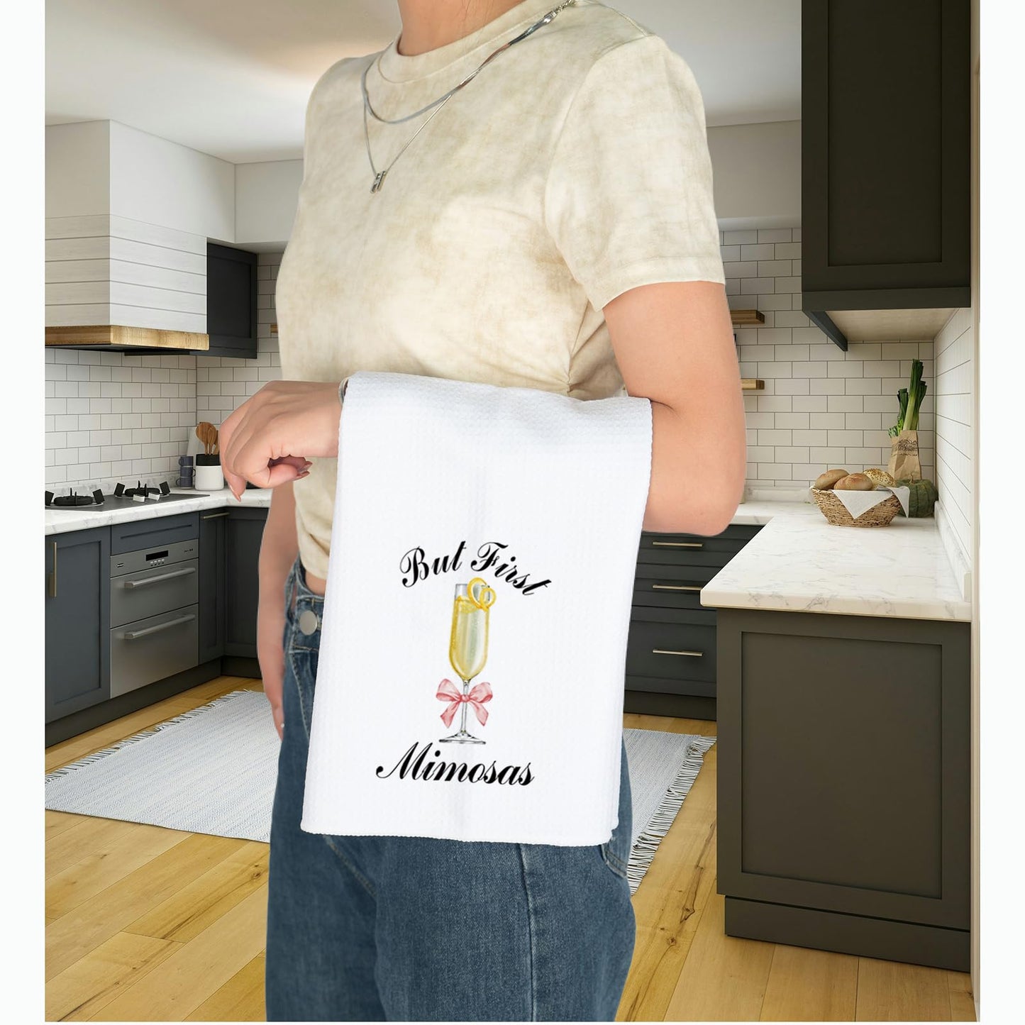 JNIAP Mimosa Lover Gift But First Mimosas Kitchen Towel Summer Cocktail Party Gift (But First Mi-mo Towel)
