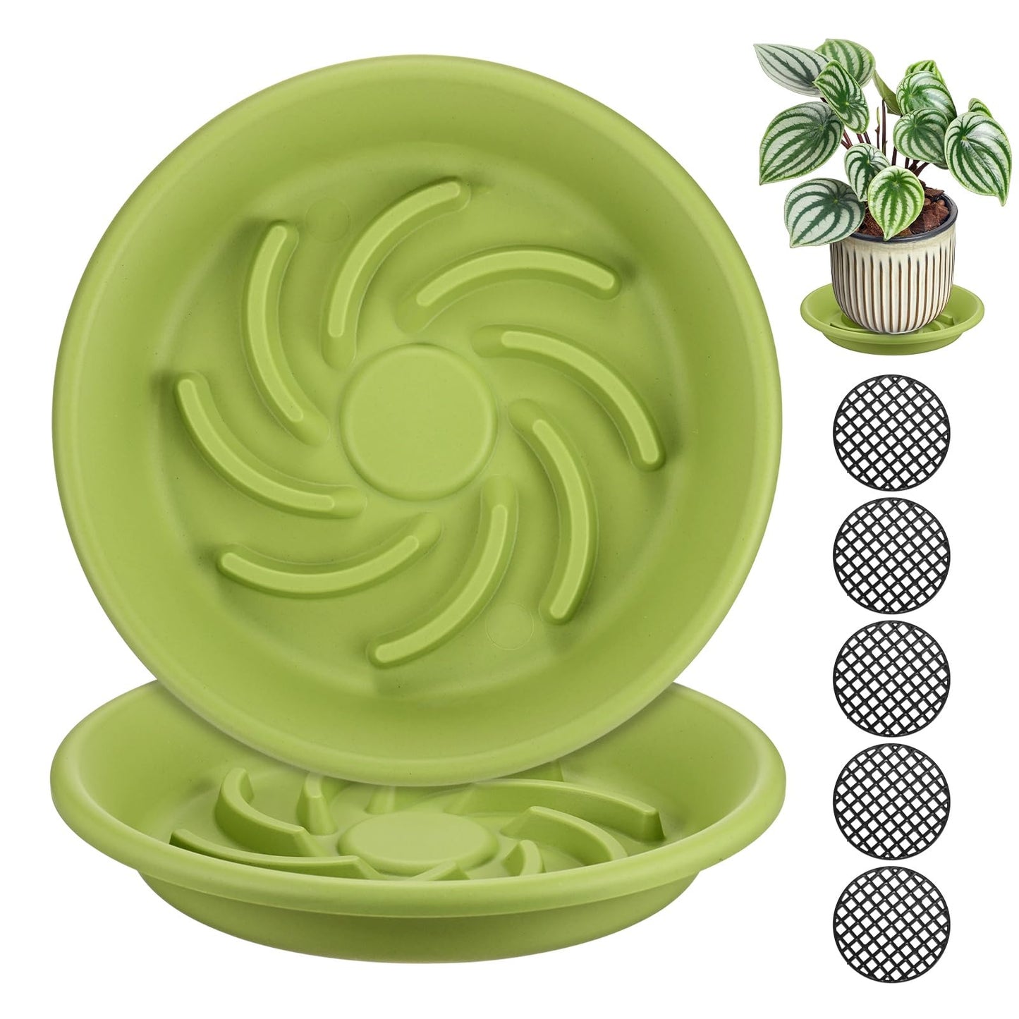M METERXITY 2-Pack Plant Saucer, 7.4 Inch/ 18.8cm Plastic Plant Trays Thicker for Pots/Indoor/Outdoor/Water Drainage and Protection, Flowerpot Drip Tray [Apple Green]