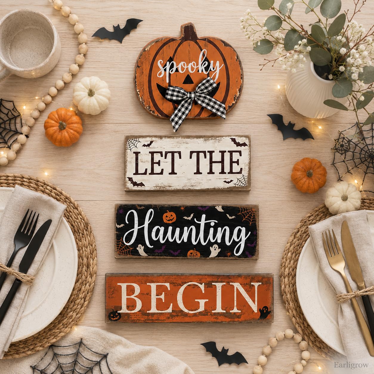 4 Pcs Halloween Table Decorations Pumpkin Bow Tiered Tray Decor Farmhouse Rustic Wooden Block Signs Spooky Halloween tabletop Centerpiece for Home Kitchen Mantel Shelf