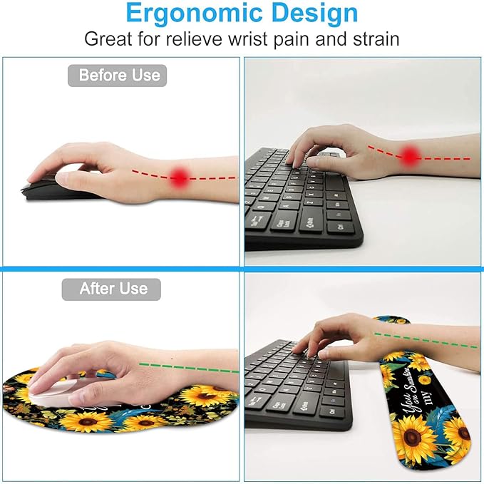 Keyboard Wrist Rest and Mouse Wrist Rest Pad with Cup Coaster,Made of Memory Foam,Ergonomic Support,Easy-Typing and Pain Relief,for Gaming Office Home Computer,You are My Sunshine Sunflower