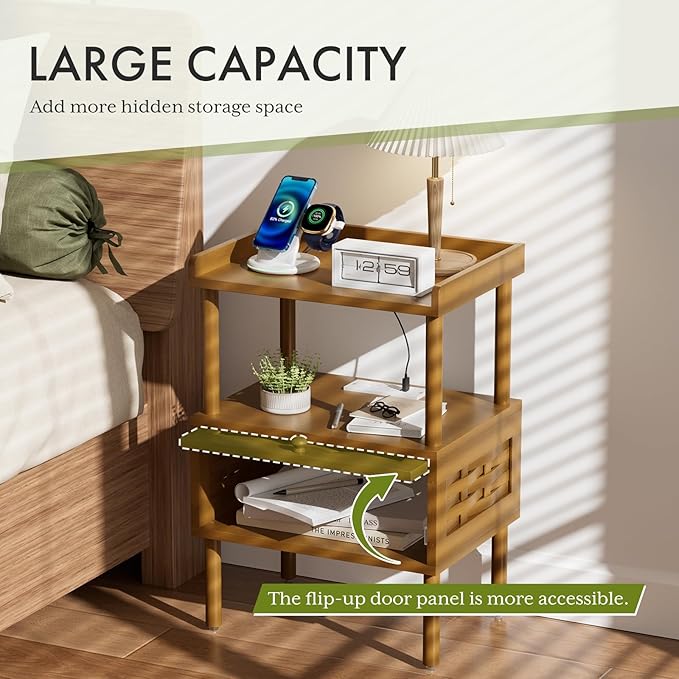 Amazer Walnut Nightstand with Charging Station, Bamboo Night Stand