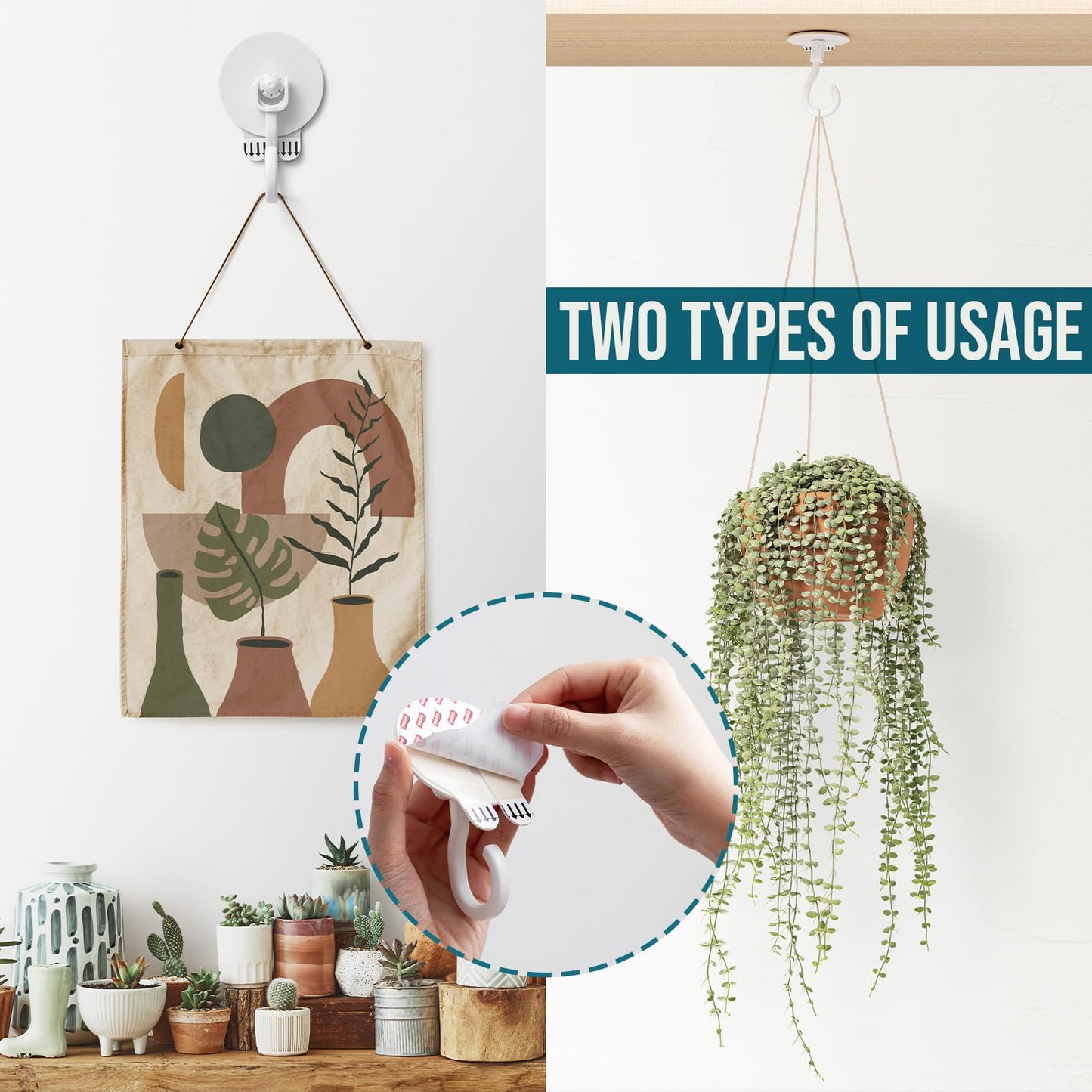 TAILI Adhesive Ceiling Hooks for Hanging Plants, Heavy Duty No-Drill Removable Sticky Wall Hooks Hanging Christmas Lights Garland Coat for Door Kitchen, Renter Friendly - 6 Pack White