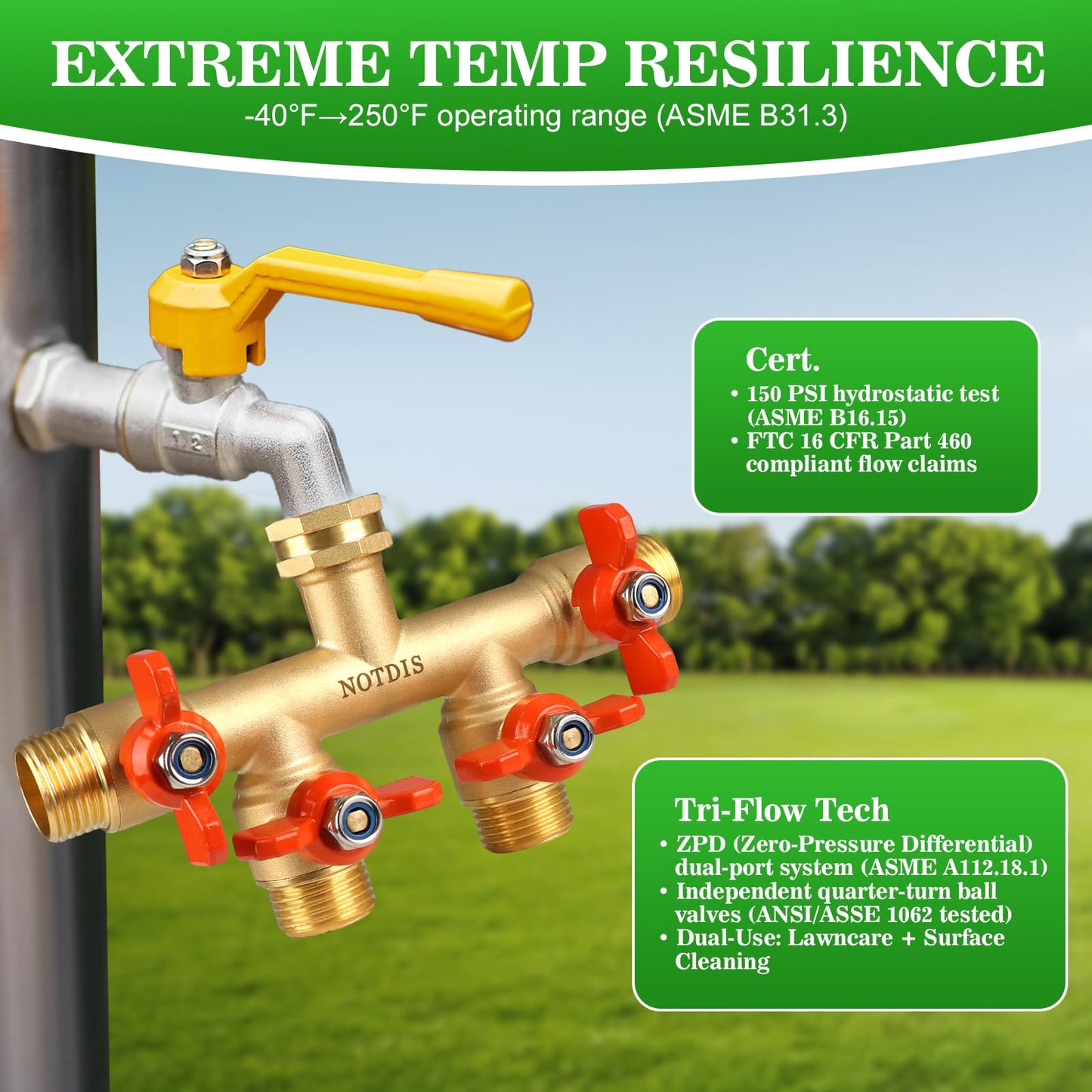 4 Way Brass Hose Splitter Full Flow with Metal Handle - Heavy Duty Spigot Splitter with Shut Off Valve, 3/4" GHT Garden Tap Connector