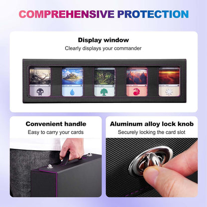 Trading Card Storage Box with Commander Display, 5 Row Magic Card Box with Handle & Aluminum Alloy Locking for 3900+ Unsleeved Cards Suits for MTG PTCG TCG Sports Cards (Black Purple)
