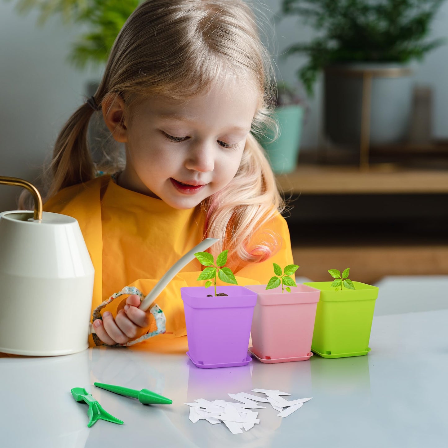 Hahood 160 Pieces Square Flower Plant Pots 3 Inch Flower Seedling Nursery Pots with Pallet Colorful Mini Plastic Planters with Labels and Tools for Room, Garden, Office and Balcony, 8 Colors