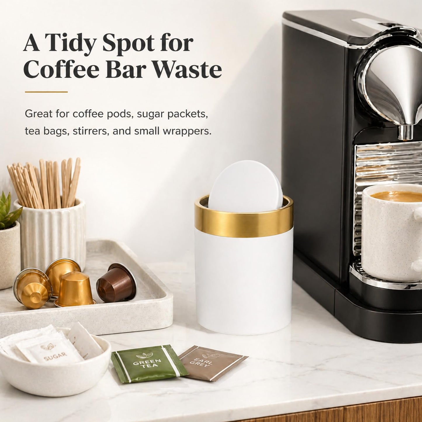 JILLICK Mini Trash Can with Lid, 1.5L / 0.4 Gal Small Metal Countertop Trash Bin with Swing Lid for Desk, Coffee Bar, Vanity, Bathroom, Office, White