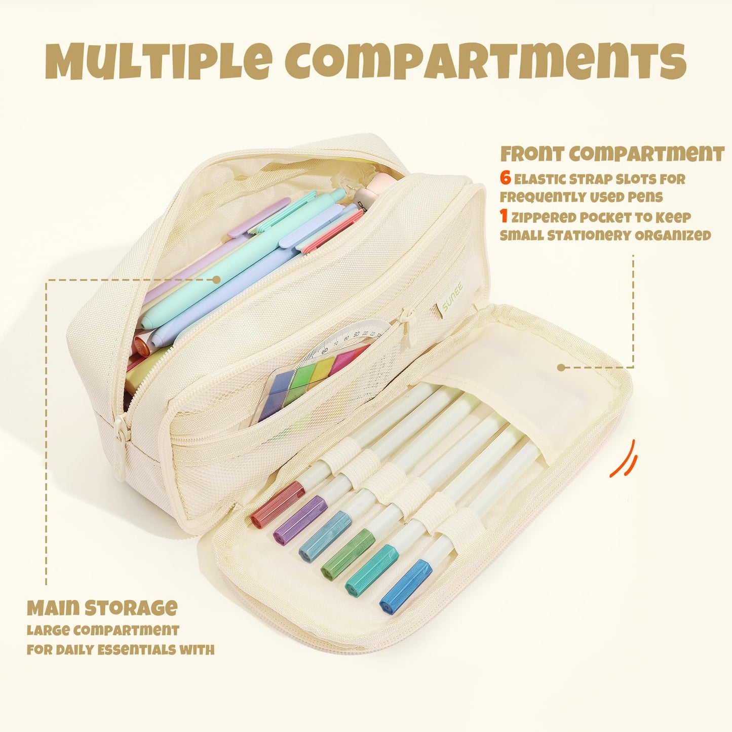 SUNEE Pencil Case, Large Capacity Pencil Pouch, Aesthetic Big Pen Bag 900D Oxford Pen Box for Office Stationery Organizer School Supplies Multifunctional for Teen Boys Girls Women Men, Beige