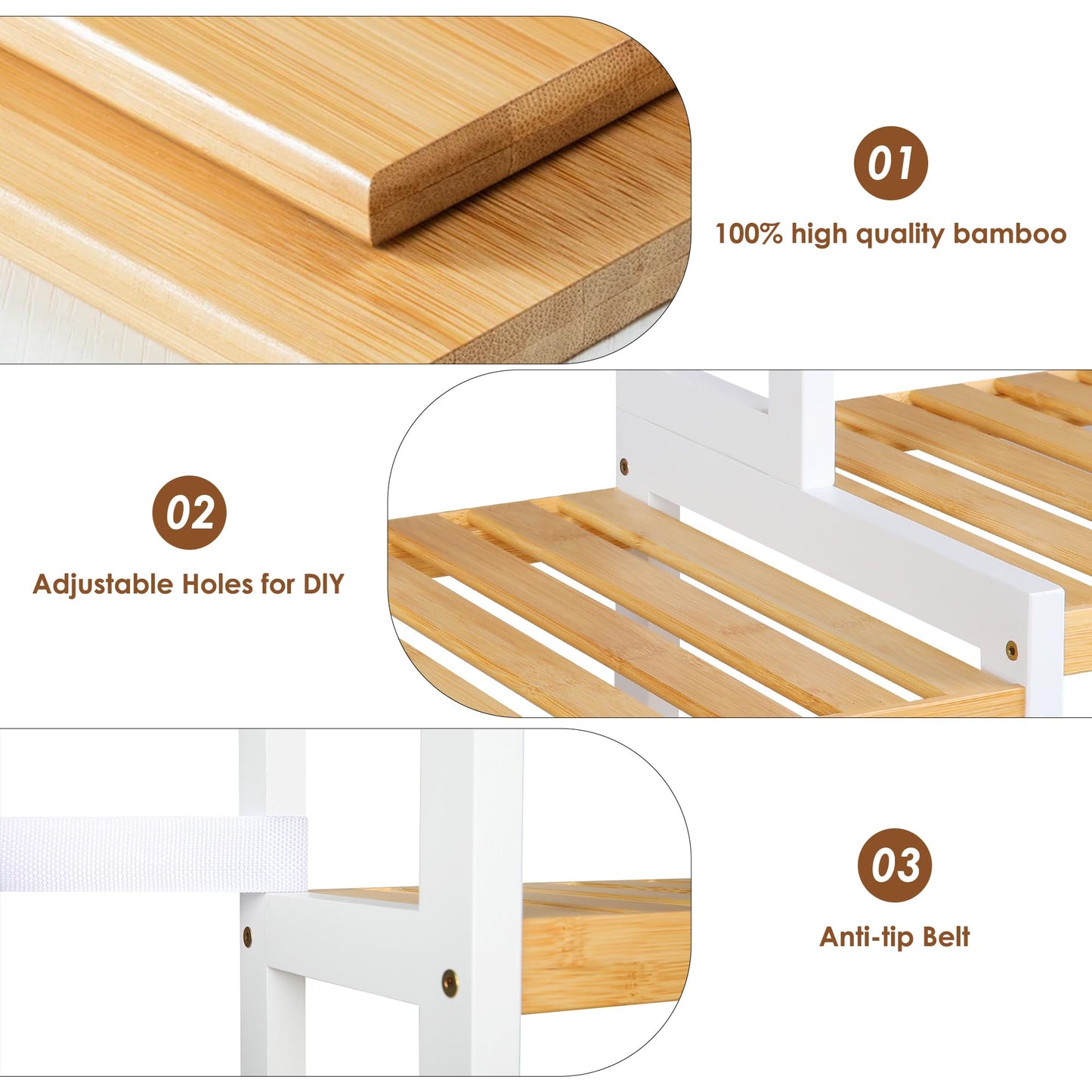 FOTOSOK Bamboo Shelf, 7 Tier Plant Stand Indoor, 3 Row Ladder Shelf, Bookshelf and Bookcase, Corner Display Stand with Adjustable, Flower Stand for Living Room Balcony Kitchen, White and Natural