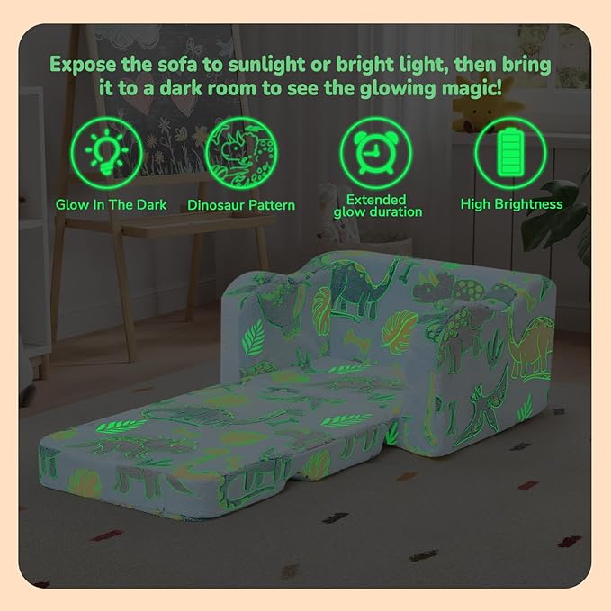 MeMoreCool Glowing Dinosaur Kids Chair, 2-in-1 Convertible Kids Couch Fold Out