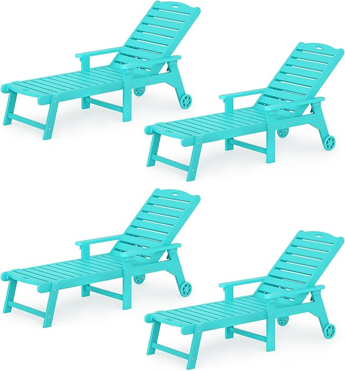LUE BONA Lounge Chair Outdoor Set of 4, HDPS Chaise Lounge Outdoor