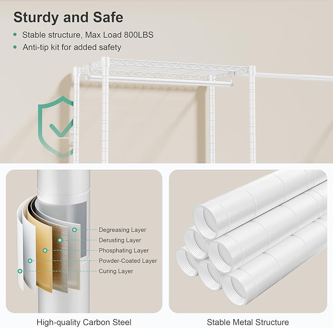 SEMHOR E01 Expandable Heavy Duty Clothes Rack, Free Standing Closet System Organizer, Adjustable Portable Carbon Steel Garment & Clothing Racks for Hanging Clothes (72.5-96"), 800LBS Max Load, White