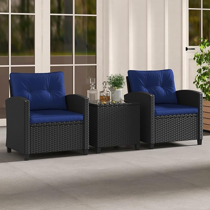 HAPPYGRILL 3 Pieces Wicker Patio Conversation Set, PE Rattan Bistro Sofa Set