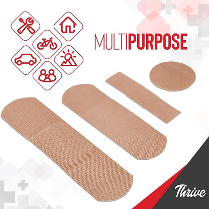 Thrive Bulk Fabric Adhesive Bandages Variety Pack - Portable Zipper Pouch for Travel & Car First Aid Kit - Waterproof & Latex-Free Bandages for Camping & Hiking First Aid Kit - 305 Piece Set, Red