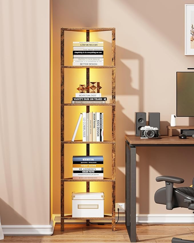 TUTOTAK Corner Shelf with LED Light, 6-Tier Corner Bookshelf