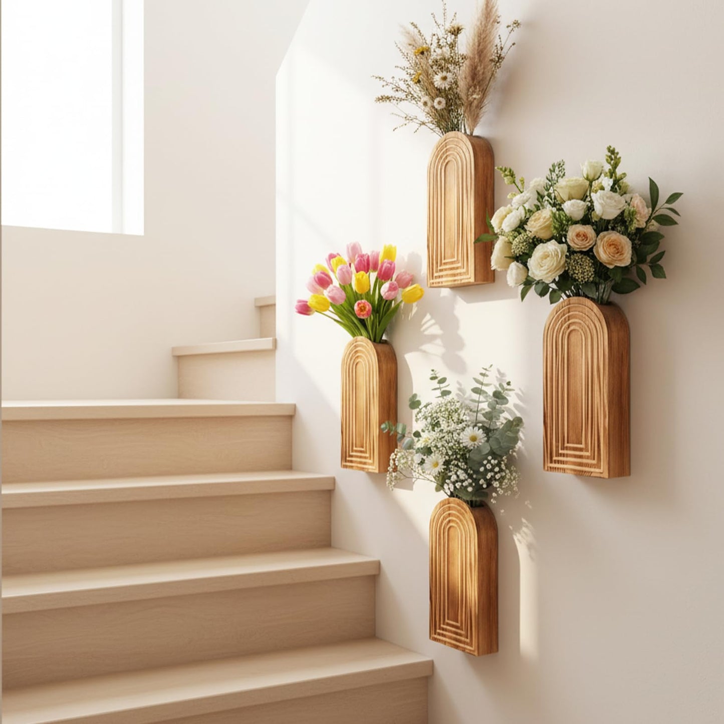 ygzQibhg 4 Pack Wall Planter Wood Wall Decor for Indoor Plants and Flower Hanging Planter Vase Art Home Decor for Living Room Bedroom Bathroom Patio Kitchen Office