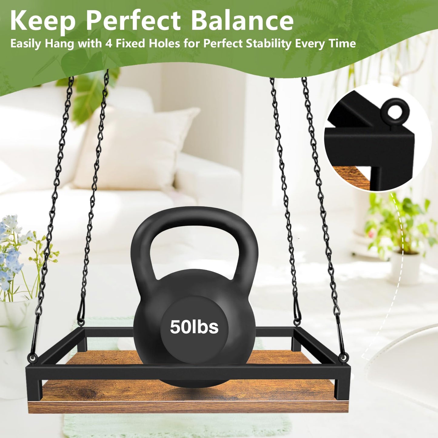 Plant Hanger Indoor, 11.8" Wooden Hanging Plant Holder with Metal Frame Hanging Planter for Indoor Plants Load 50LB Hanging Plant Shelf with 27.6" Long Chain, Ideal for Heavier Pots Window Ceiling