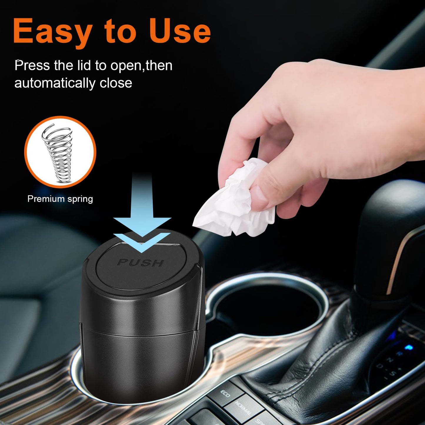 Kincown Car Trash Can, 2 Packs Mini Car Trash Bin with Lid, Leakproof Cup Holder Car Garbage Can with 60 Trash Bags, Vehicle Front Back Seat Organizers and Storage for Car, Home, Office, Black