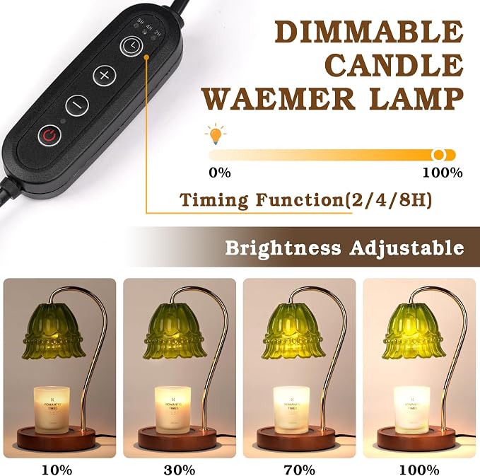 Funistree Flower Candle Warmer Lamp with Timer, Dimmable Candle Lamp Warmer, Christmas Birthday Gifts for Women Mom Her, Housewarming Home Decor, Lotus Wax Warmer for Yankee Candles - Green Flower