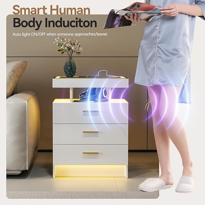 White Night Stand Set 2 with Wireless Charging Station, Smart Bedside Table