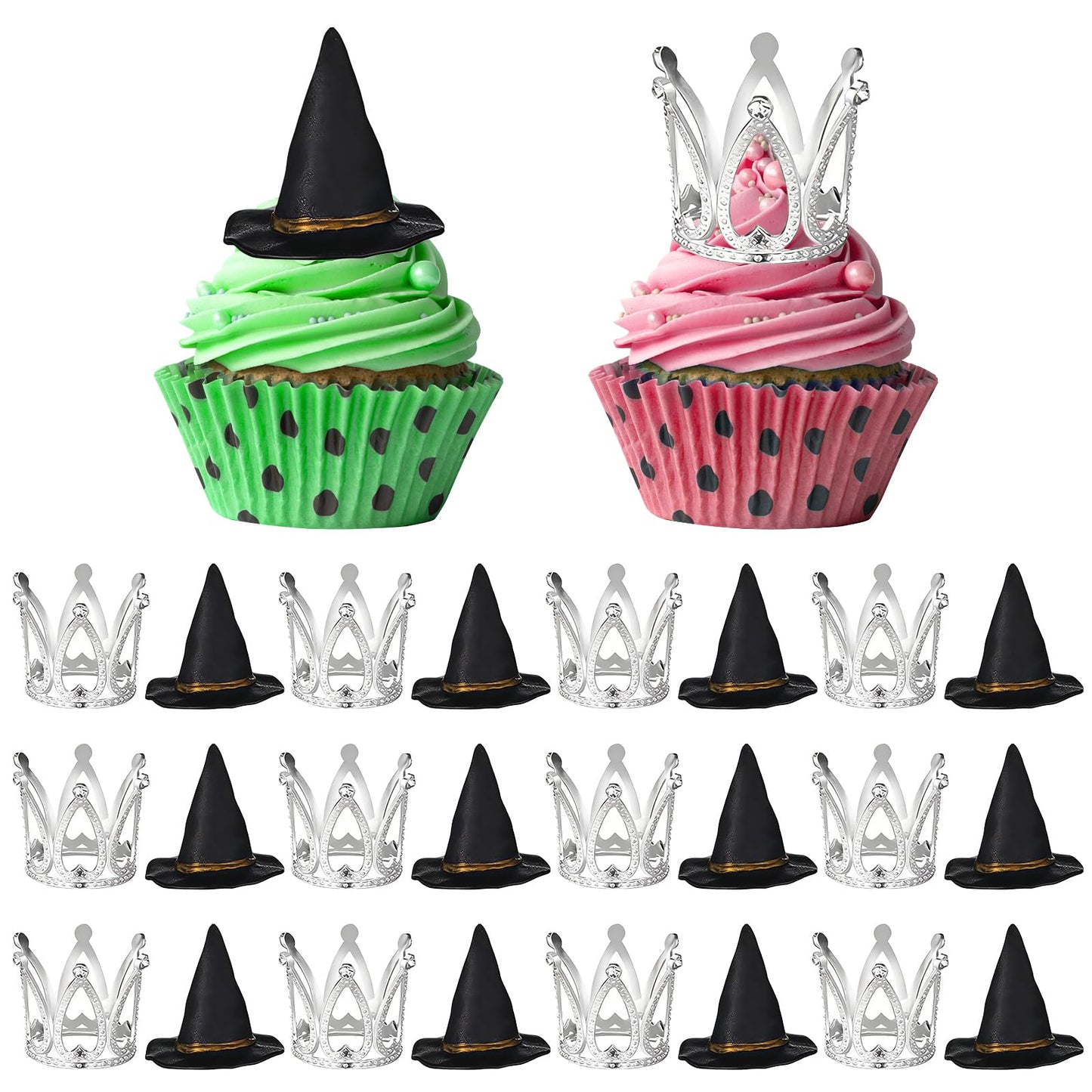 shuielai 24 Pcs Witch Hat & Crown Cake Topper, Mini Wizard Hats Silver Crown Cupcake Toppers, Wicked Witch Birthday Party Decorations & Princess Cake Accessories for Party Supplies & DIY Crafts