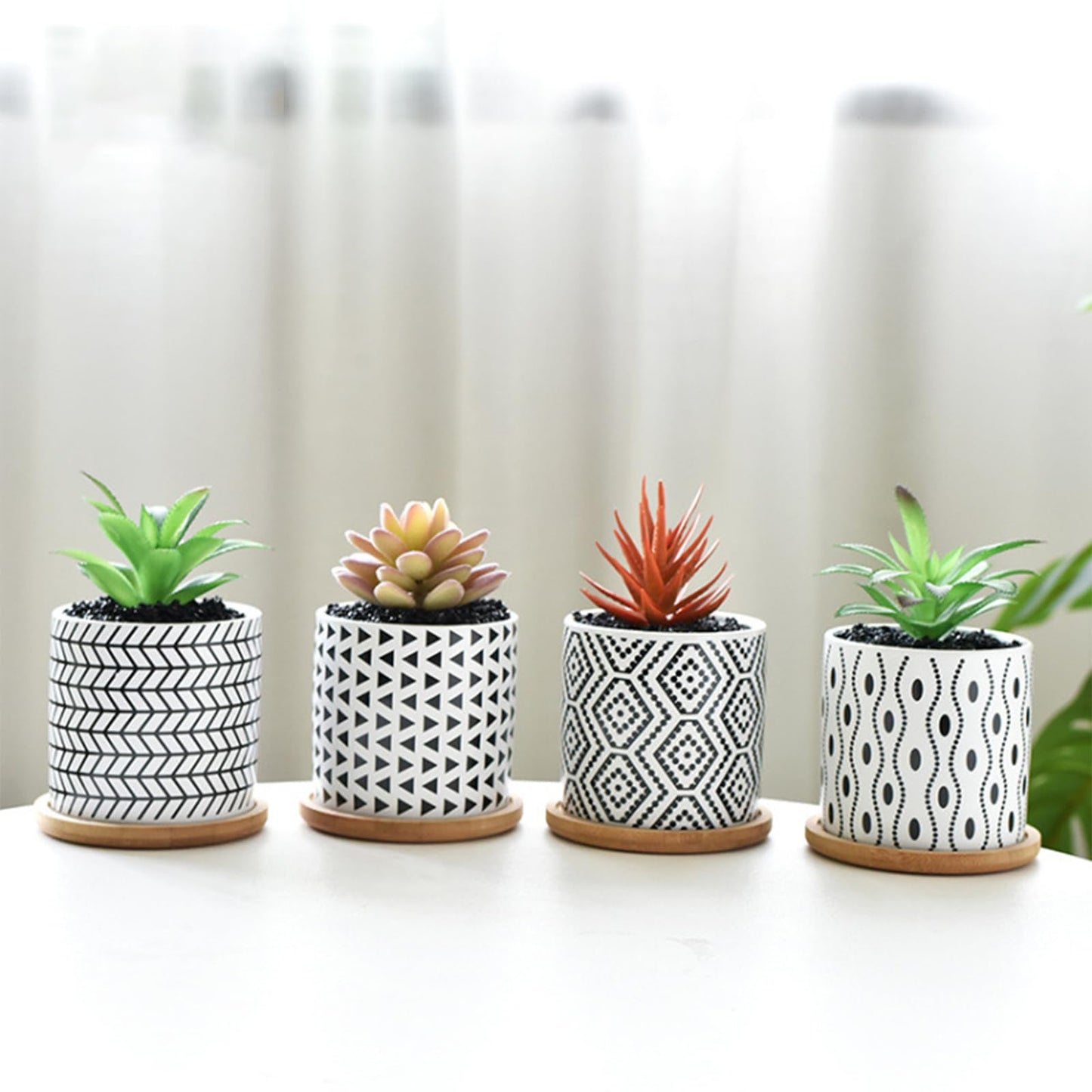 Succulent Pots, 3.5 Inch Small Succulent Planters with Drainage for Plants Live, Hand-Painted Ceramic Pot Flower Pots Bonsai Pots with Bamboo Tray, Unique Gifts for Women/Men, 4 Pack (Geometry-2)