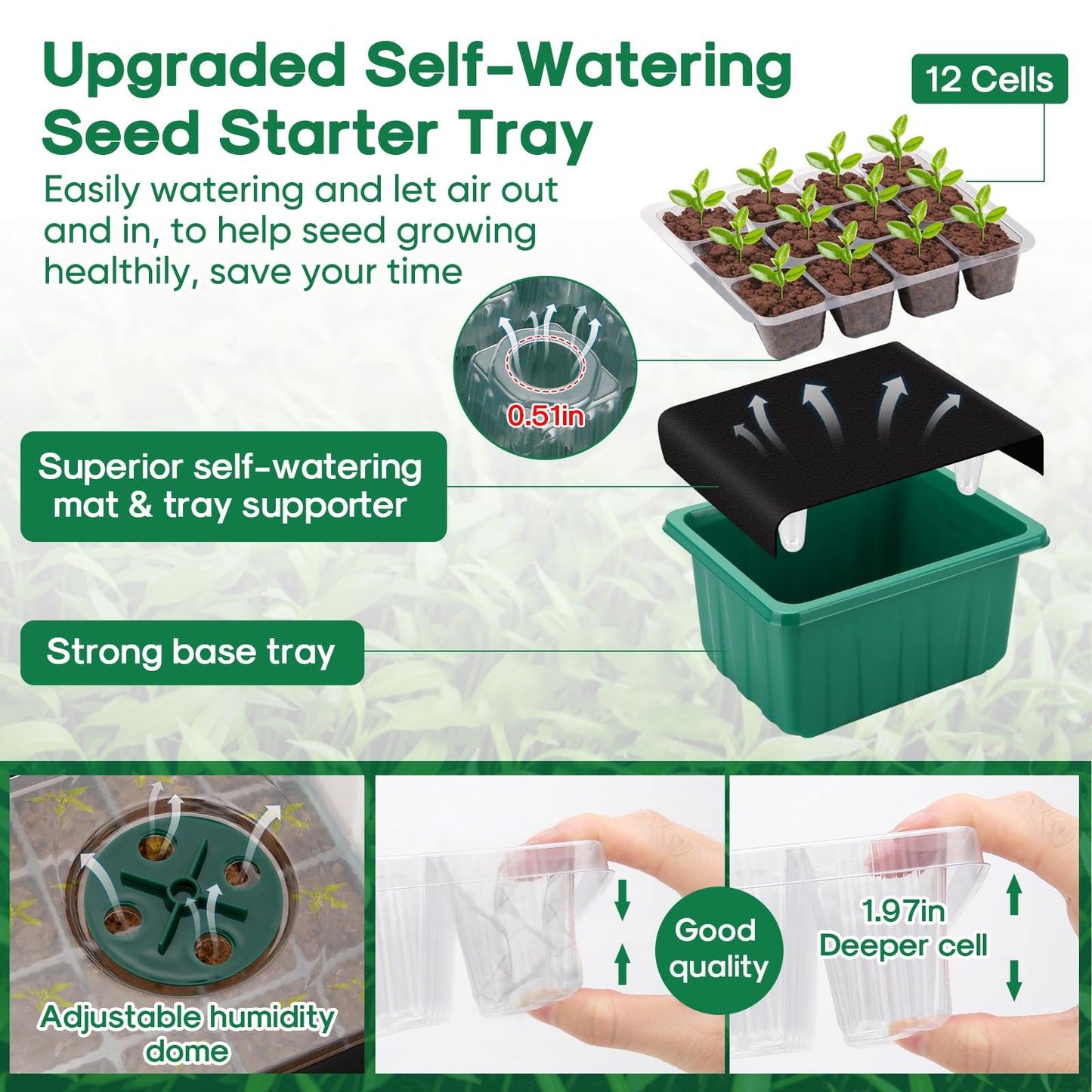 BlumWay Self-Watering Seed Starter Tray Kit with Grow Light and Humidity Dome,3 Color Growing Light,5-Pack 60-Cell Plant Seedling Tray,Reusable Plastic Germination Trays,Timed Light Plant Starter Set
