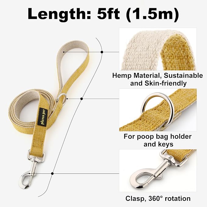 Plutus Pet Cotton Hemp Dog Collar and Leash Set, Adjustable Collar for Small, Medium, and Large Dogs, Heavy Duty and Soft on Skin, Yellow, S