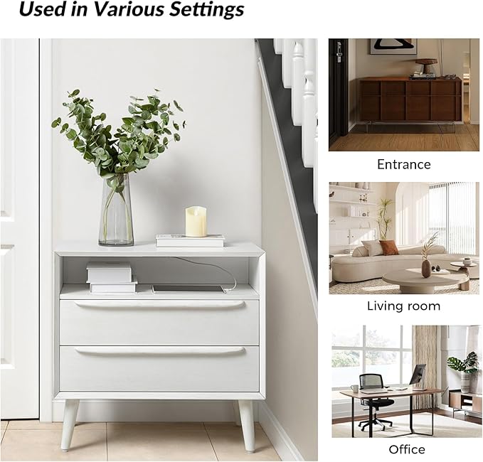 HULALA HOME End Table with Charging Station, Mid-Century Modern 2 Drawer and