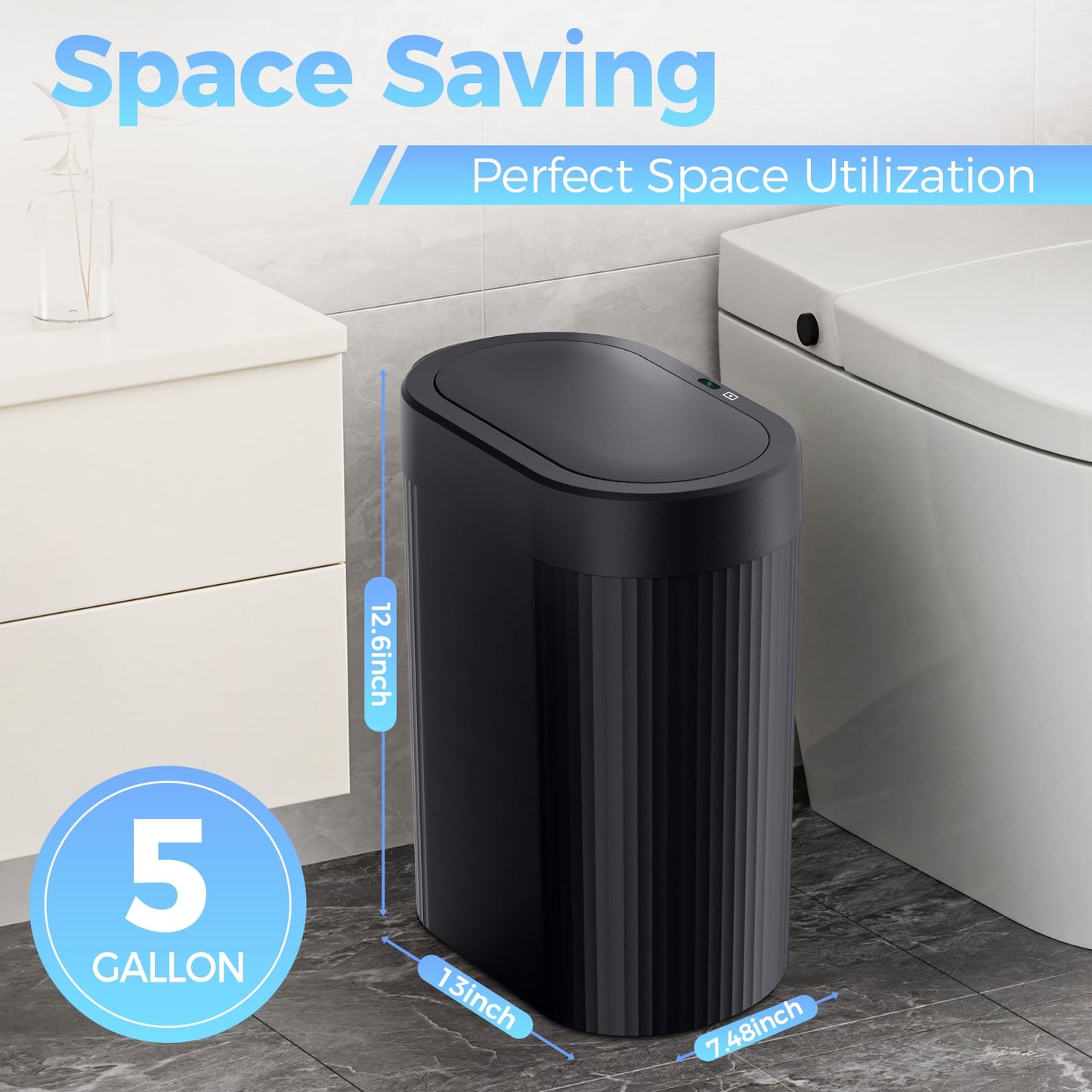 jinligogo 5 Gallon Bathroom Trash Can with Lid, Automatic Motion Sensor Black Trash Can, Touchless Slim Waterproof Garbage Bin for Kitchen, Bedroom, Office, and Bathroom