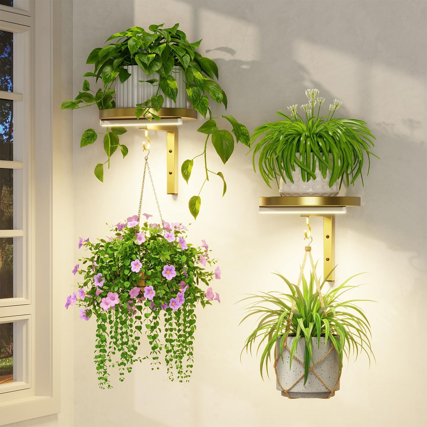 LASZOLA Plant Hangers Shelves Wall Mounted Indoor with Grow Lights, Metal Window Plant Holders, 2Pcs Modern Floating Flower Display Stand with 2 Hooks for Outdoor Kitchen Bathroom Decor, Gold