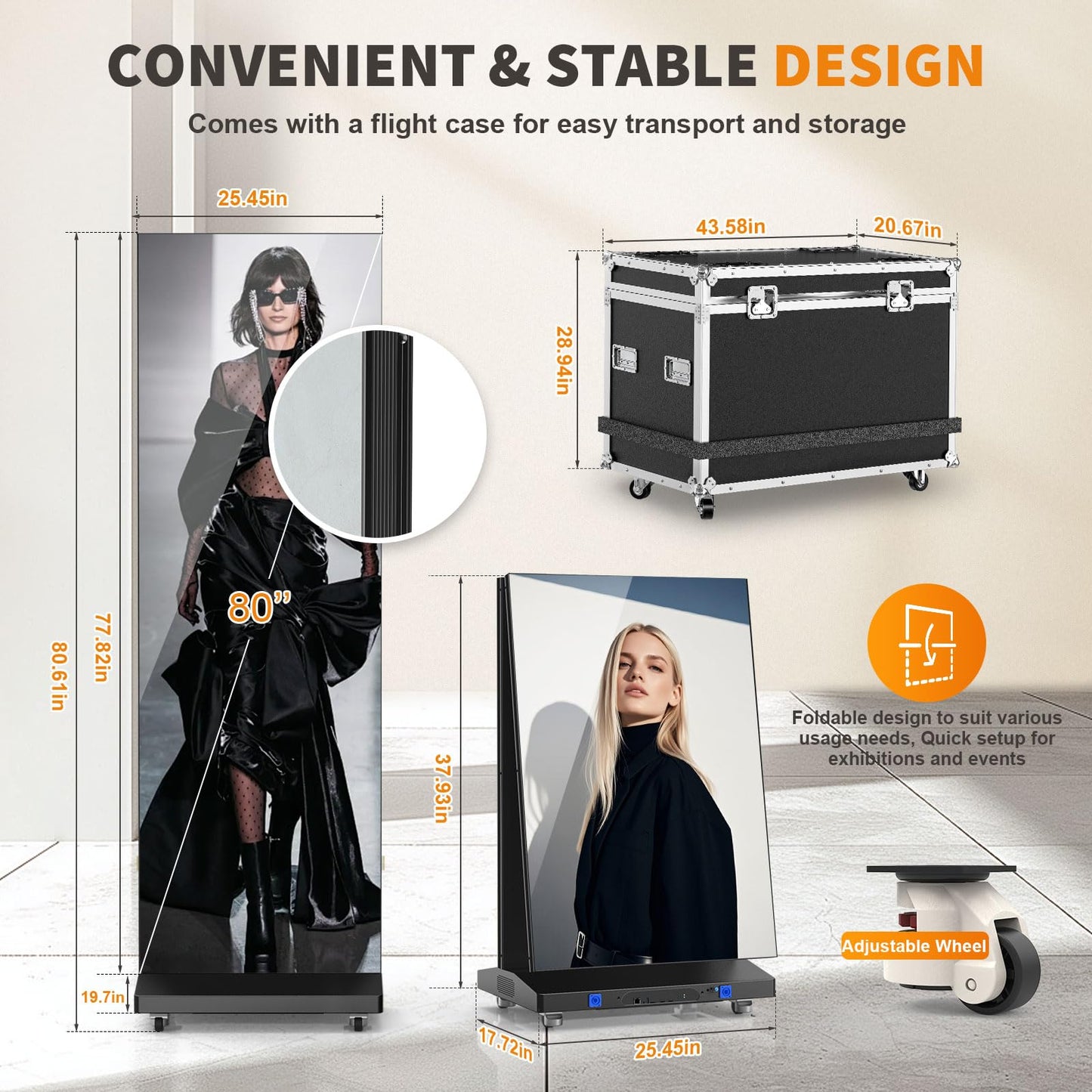80" LED Digital Signage Display with Flight Case, P1.86 Foldable Spliceable LED Poster Screen Kiosk with Content Management System, WiFi/USB/HDMI for Events, Rentals & Commercial Use (Black, 2 Panel)