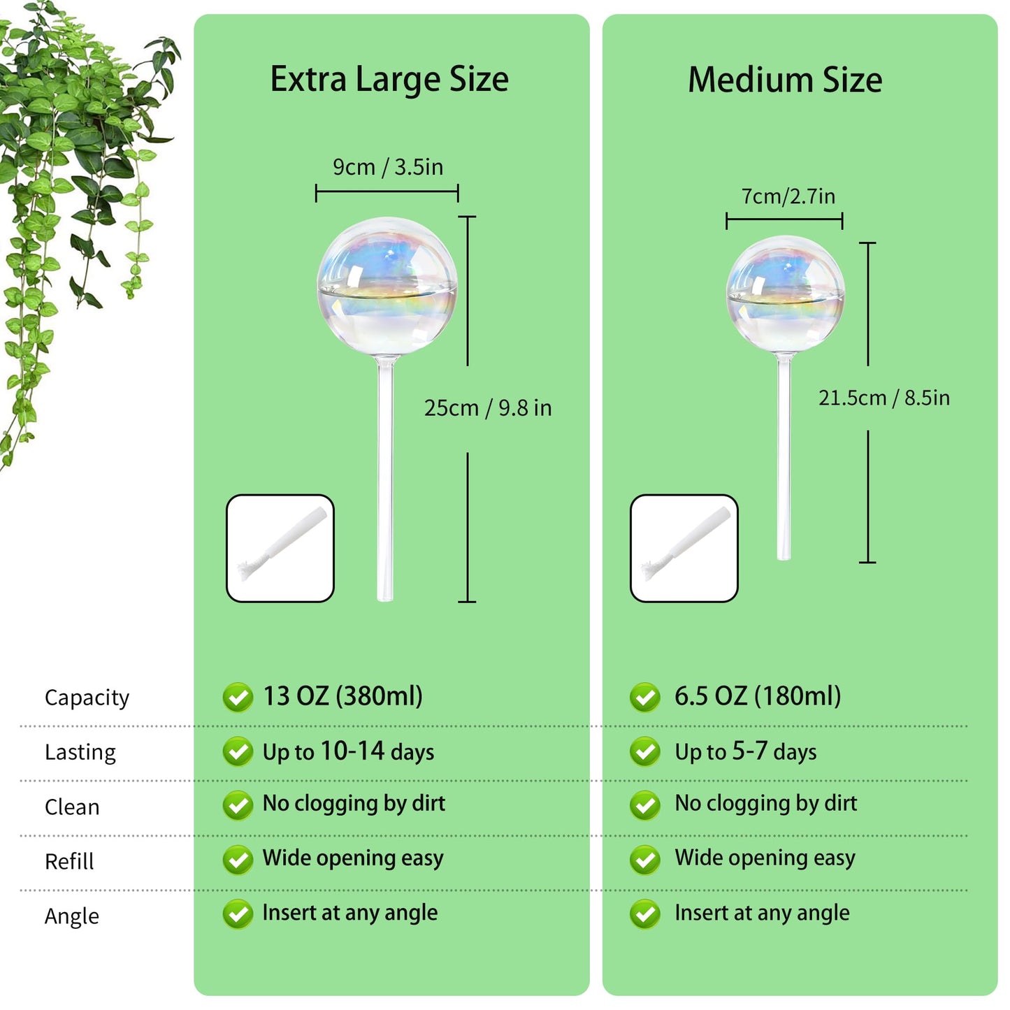 13oz Self Watering Globes (4 Pack),Large Glass Plant Water Bulbs for Vacation, Automatic Drip Irrigation,Iridescent Rainbow Watering Stakes for Indoor & Outdoor Plants (Up to 2 Weeks Hydration)