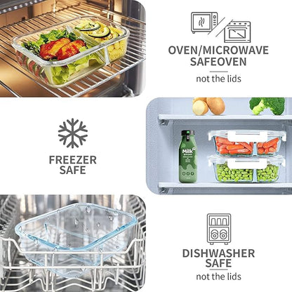 KOMUEE 10 Packs 30oz Glass Meal Prep Containers 2 Compartments,Glass Food Storage Containers with Lids,Airtight Lunch Bento Boxes,Oven,Freezer and Dishwasher Safe, White