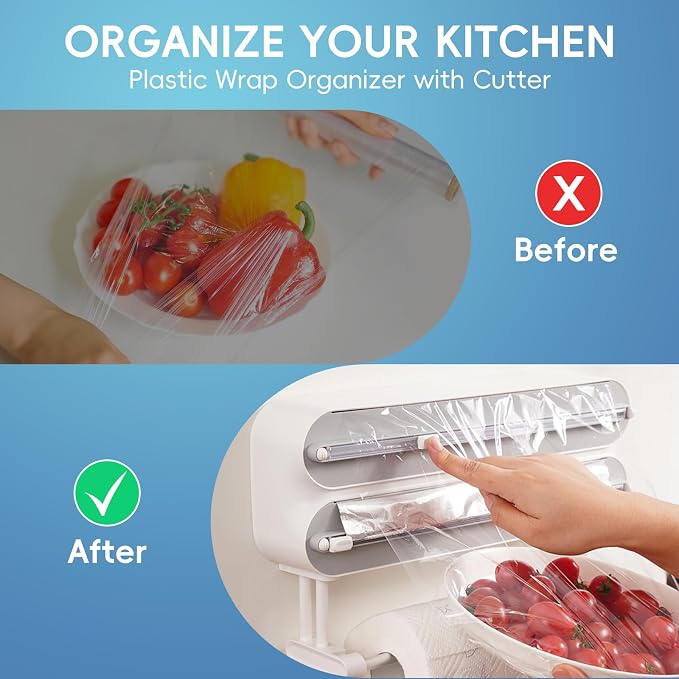 Magnetic Plastic Wrap Dispenser with Cutter,3 in 1 Aluminum Foil and Plastic wrap Organizer with Paper,Wall Mount Kitchen Wrap Dispenser - Fits 12" Roll, White (Wooden)