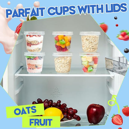 Jingmore 25 Pack 9.5oz Clear Plastic Yogurt Parfait Cups Disposable Overnight Oats Containers with Lids and Spoons Cake Fruit Jars for Food Storage Salad Ice Creams Pudding Snacks (Round Style)