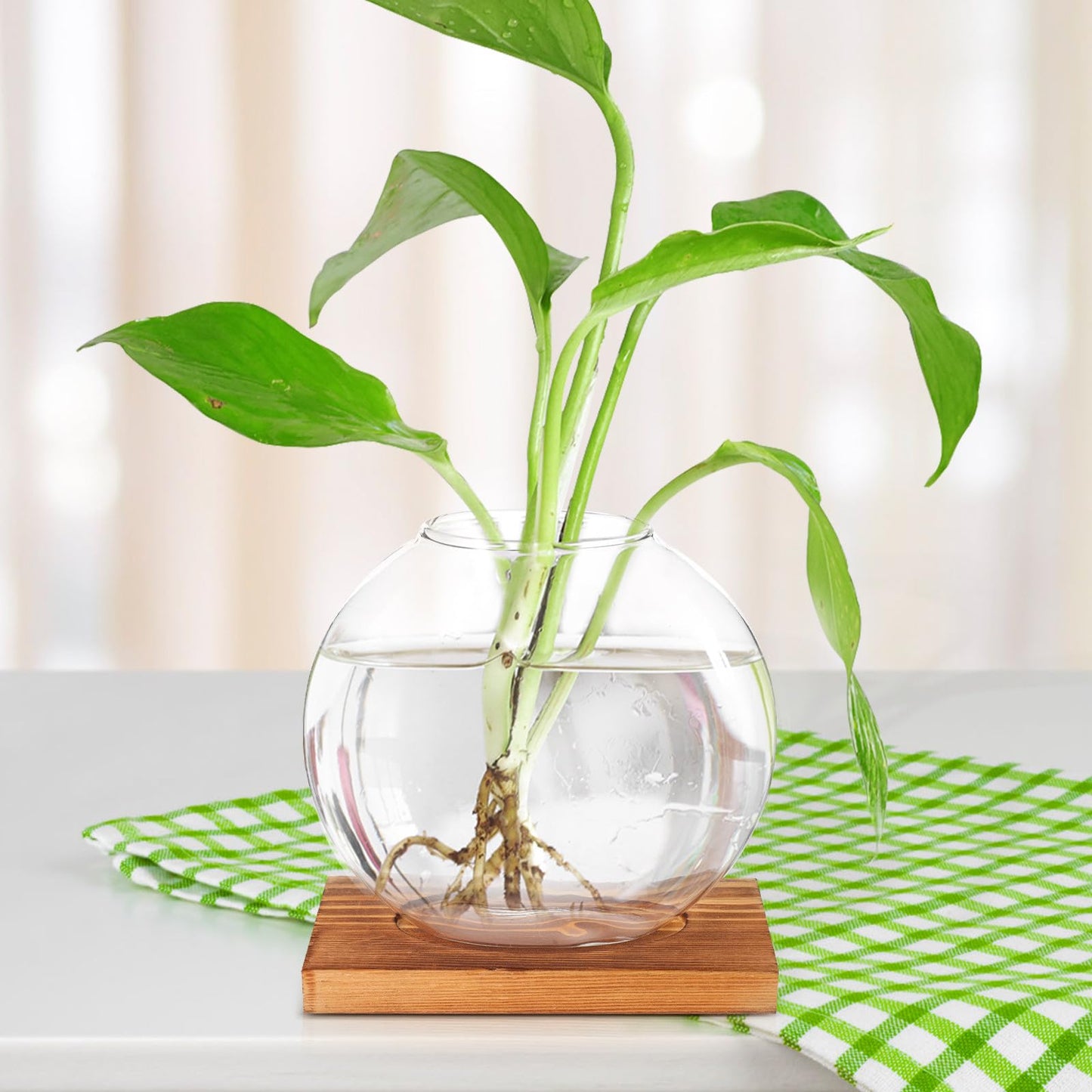 PRETYZOOM Glass Hydroponic Flower Vase with Retro Wood Base, Tabletop Floral Arranging Planter for Office and Home Décor, Glass Terrarium for Indoor Plant Display