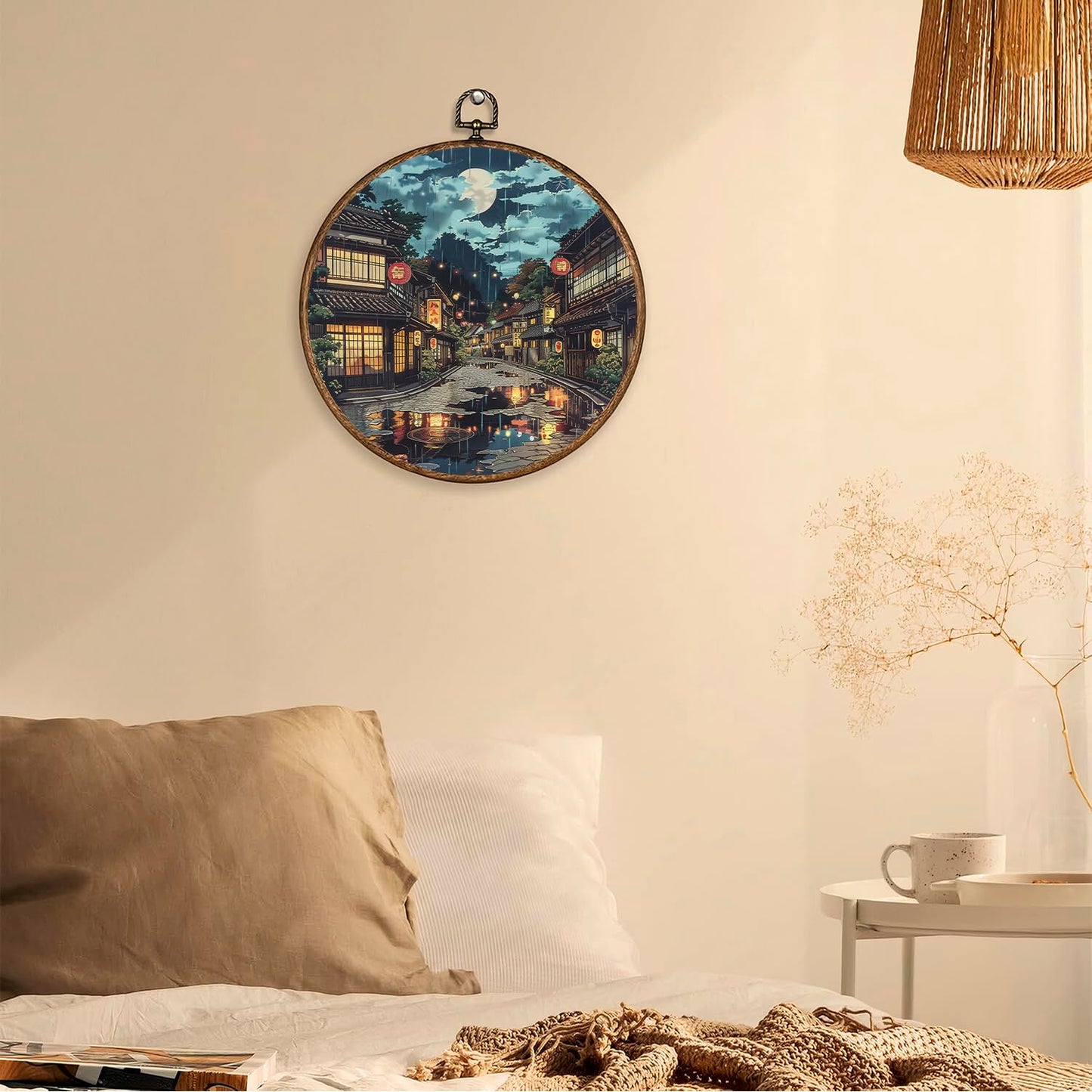 365CUSGIFTS Japanese Tokyo Round Wall Art Decor, Wall Art Hanging Decor, Fall Halloween Wall Art, Framed Canvas Artwork for Home Living Room, 10x10in, Gift Idea for Friend