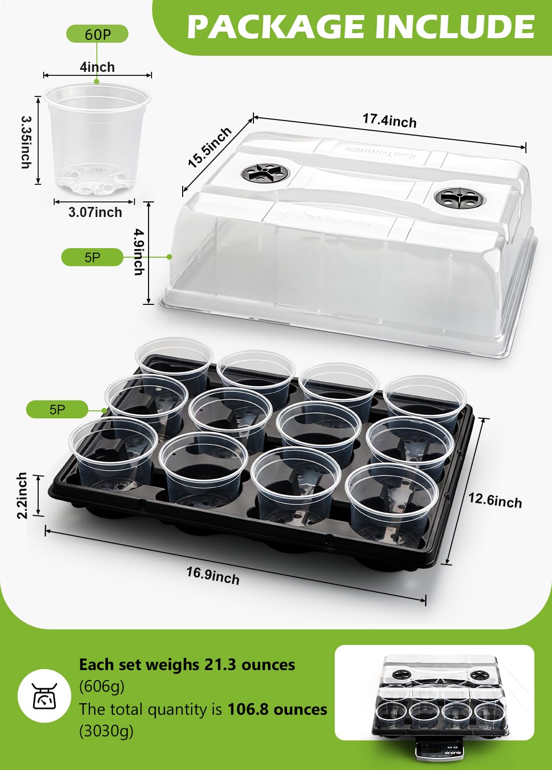 RooTrimmer 5 Pack 12 Cell Nursery Pot Trays with Adjustable Humidity Domes & 4 Inch Clear Pots 60 Pack, Sturdy Seed Starting Kit for Greenhouse Garden, Reusable Plant Growing Germination 5 Sets