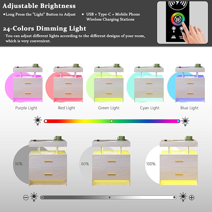 HNEBC Auto LED Nightstand with Wireless Charging Station & USB Ports, High