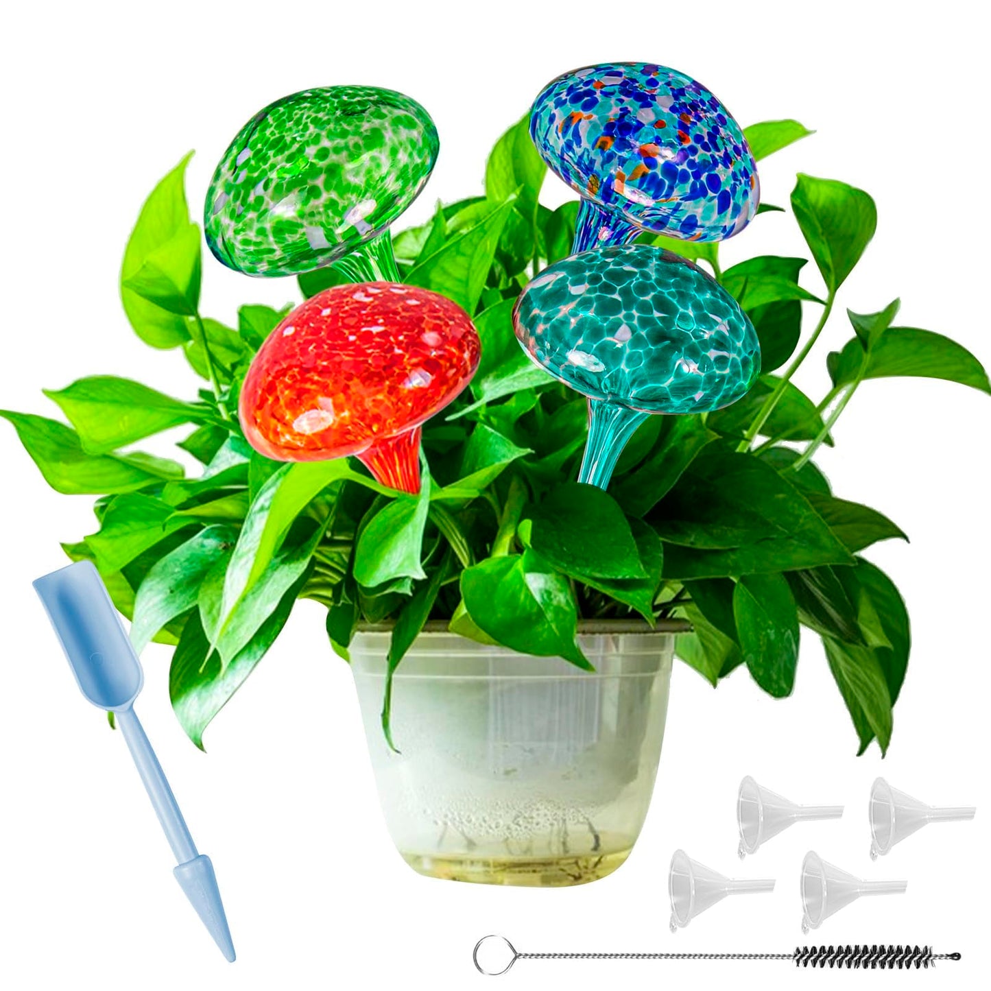 Plant Watering Globes 8"L x 3.5"D, 4Pcs Large Self Watering Planter Insert Glass Plant Watering Devices for Indoor Outdoor Plants, Mushroom Automatic Plant Waterer Watering Spikes Bulbs+Funnel &Shovel